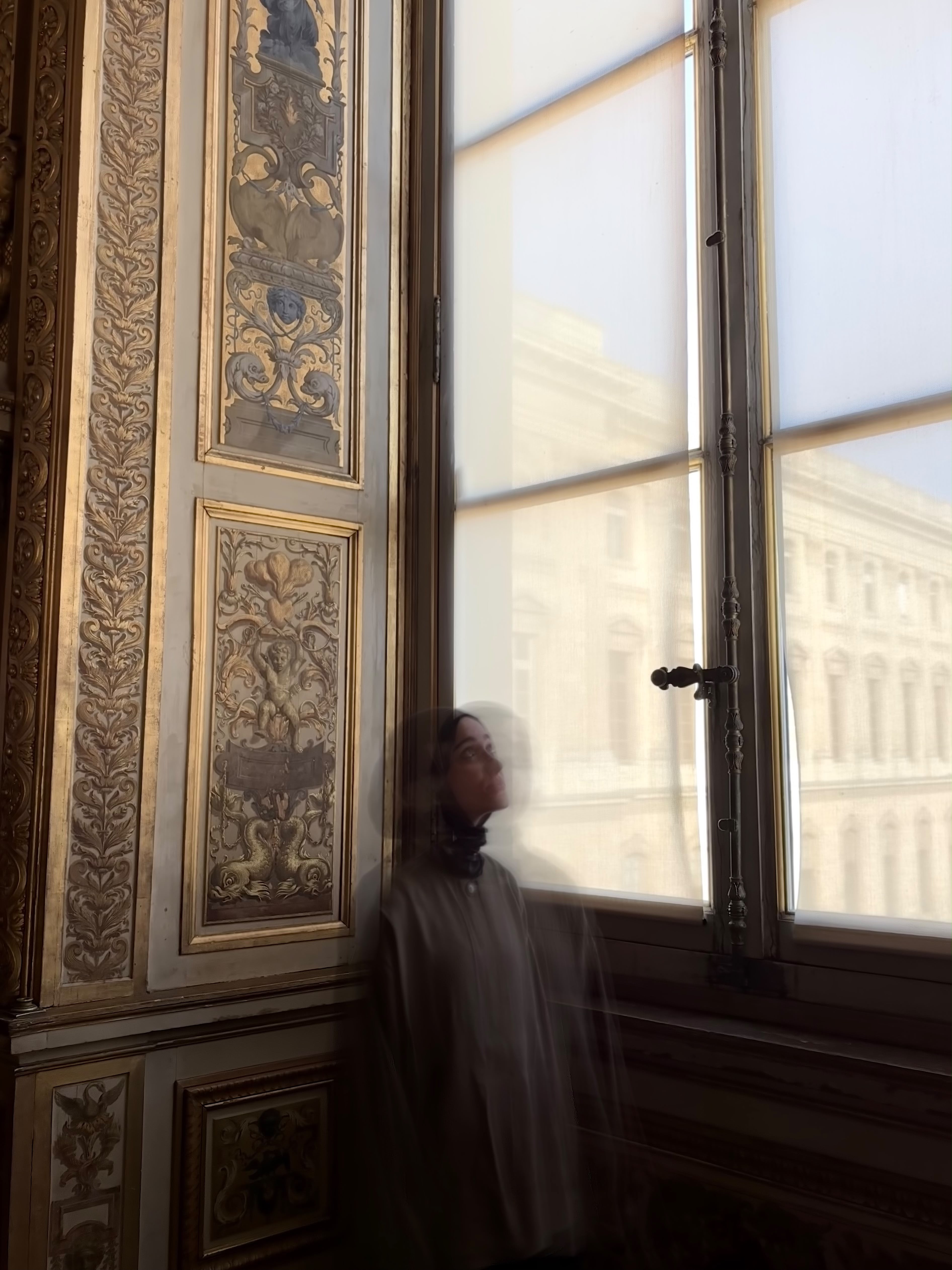 Portrait of Mina in a gilded interior, turned toward the window light